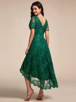 Embroidered Mesh Double V-Neck Short Sleeves Midi Wedding Guest Dress - Image 12