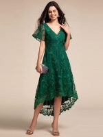 Embroidered Mesh Double V-Neck Short Sleeves Midi Wedding Guest Dress - Image 14
