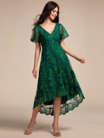 Embroidered Mesh Double V-Neck Short Sleeves Midi Wedding Guest Dress - Image 11