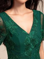 Embroidered Mesh Double V-Neck Short Sleeves Midi Wedding Guest Dress - Image 13