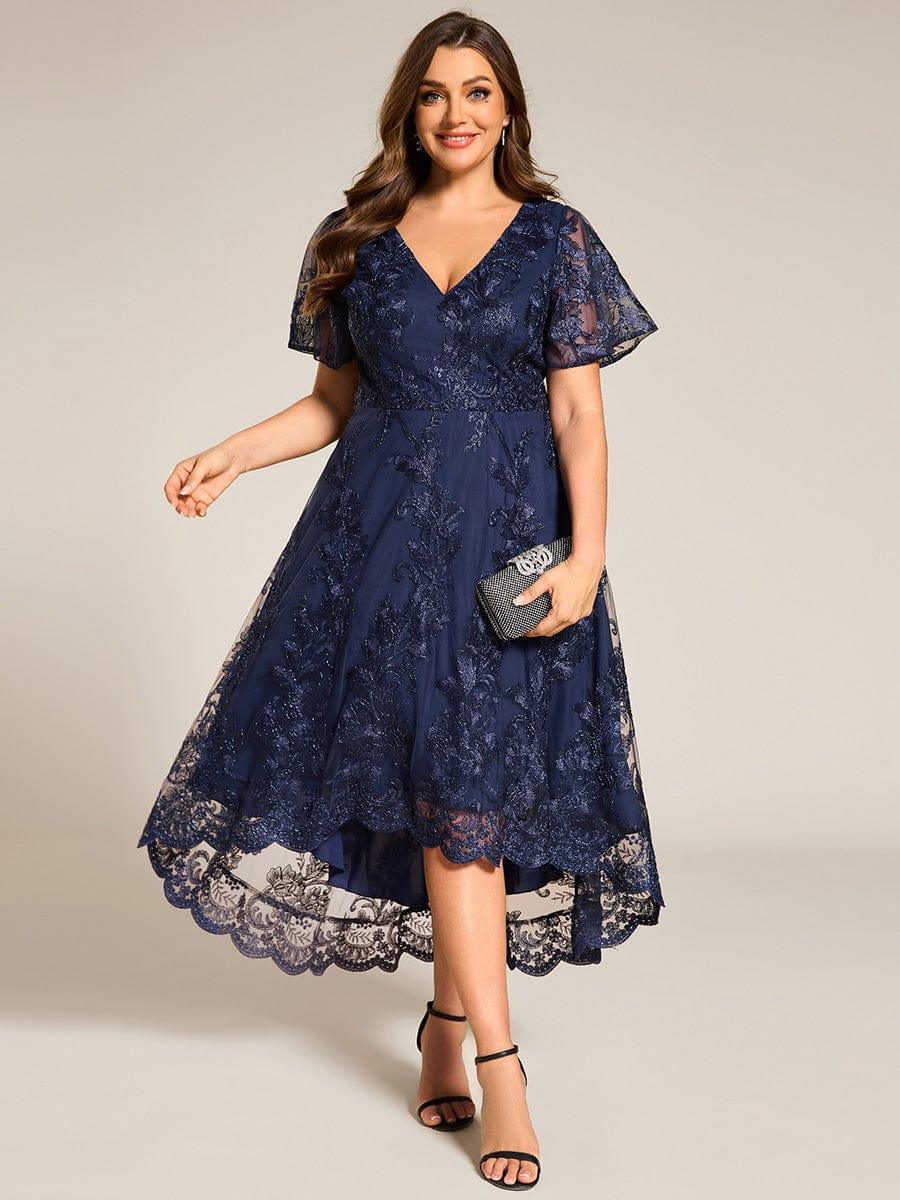 EG02255NB-PR Embroidered Mesh Double V-Neck Short Sleeves Midi Wedding Guest Dress - Image 30