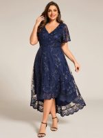 Embroidered Mesh Double V-Neck Short Sleeves Midi Wedding Guest Dress - Image 26