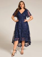 Embroidered Mesh Double V-Neck Short Sleeves Midi Wedding Guest Dress - Image 29