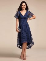 Embroidered Mesh Double V-Neck Short Sleeves Midi Wedding Guest Dress - Image 25