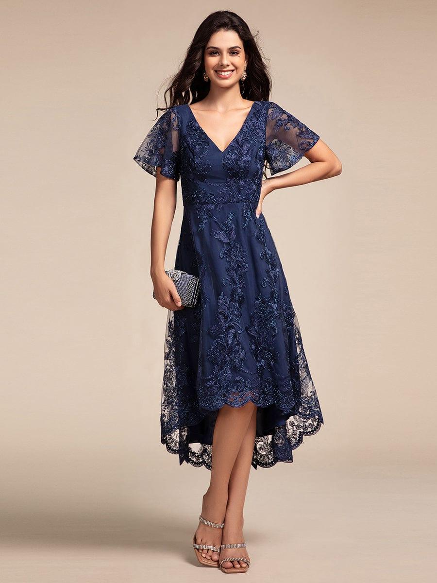 EG02255NB-R Embroidered Mesh Double V-Neck Short Sleeves Midi Wedding Guest Dress - Image 25