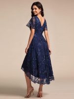 Embroidered Mesh Double V-Neck Short Sleeves Midi Wedding Guest Dress - Image 22