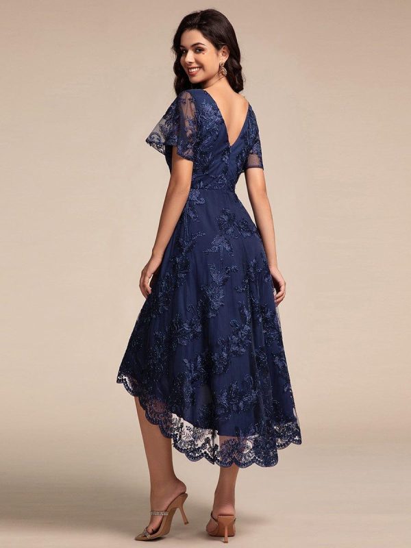 Embroidered Mesh Double V-Neck Short Sleeves Midi Wedding Guest Dress - Image 22