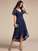 Embroidered Mesh Double V-Neck Short Sleeves Midi Wedding Guest Dress - Image 24