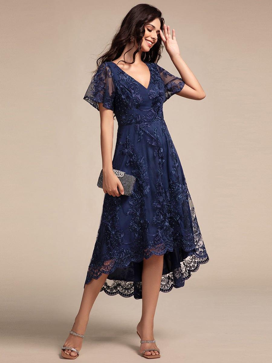 EG02255NB-R3 Embroidered Mesh Double V-Neck Short Sleeves Midi Wedding Guest Dress - Image 24