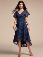 Embroidered Mesh Double V-Neck Short Sleeves Midi Wedding Guest Dress - Image 21