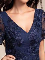 Embroidered Mesh Double V-Neck Short Sleeves Midi Wedding Guest Dress - Image 23