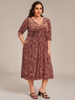 Plus Size 3/4 Sleeve Floral Velvet Wedding Guest Dress with Pockets - Image 5