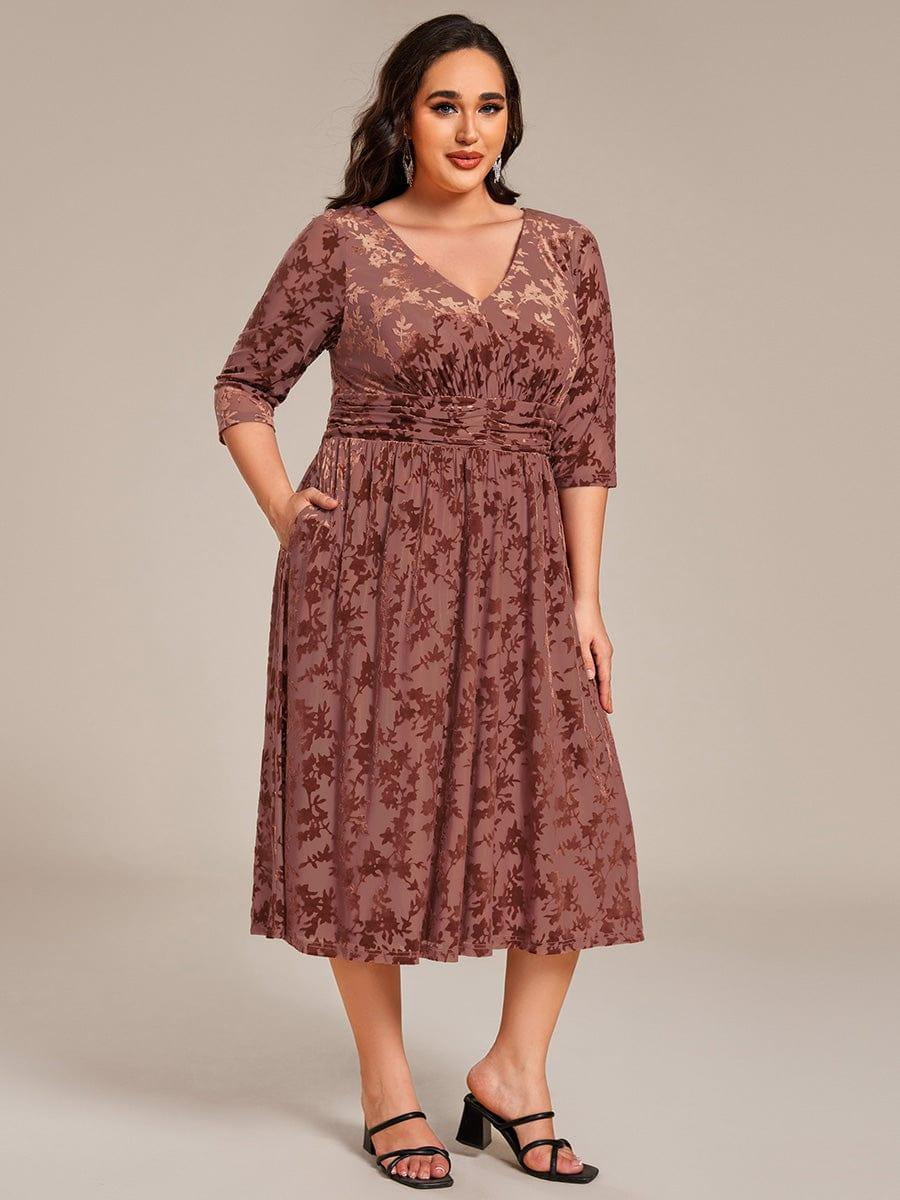 EG02284BN-PR3 Plus Size 3/4 Sleeve Floral Velvet Wedding Guest Dress with Pockets - Image 5