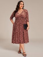 Plus Size 3/4 Sleeve Floral Velvet Wedding Guest Dress with Pockets - Image 4