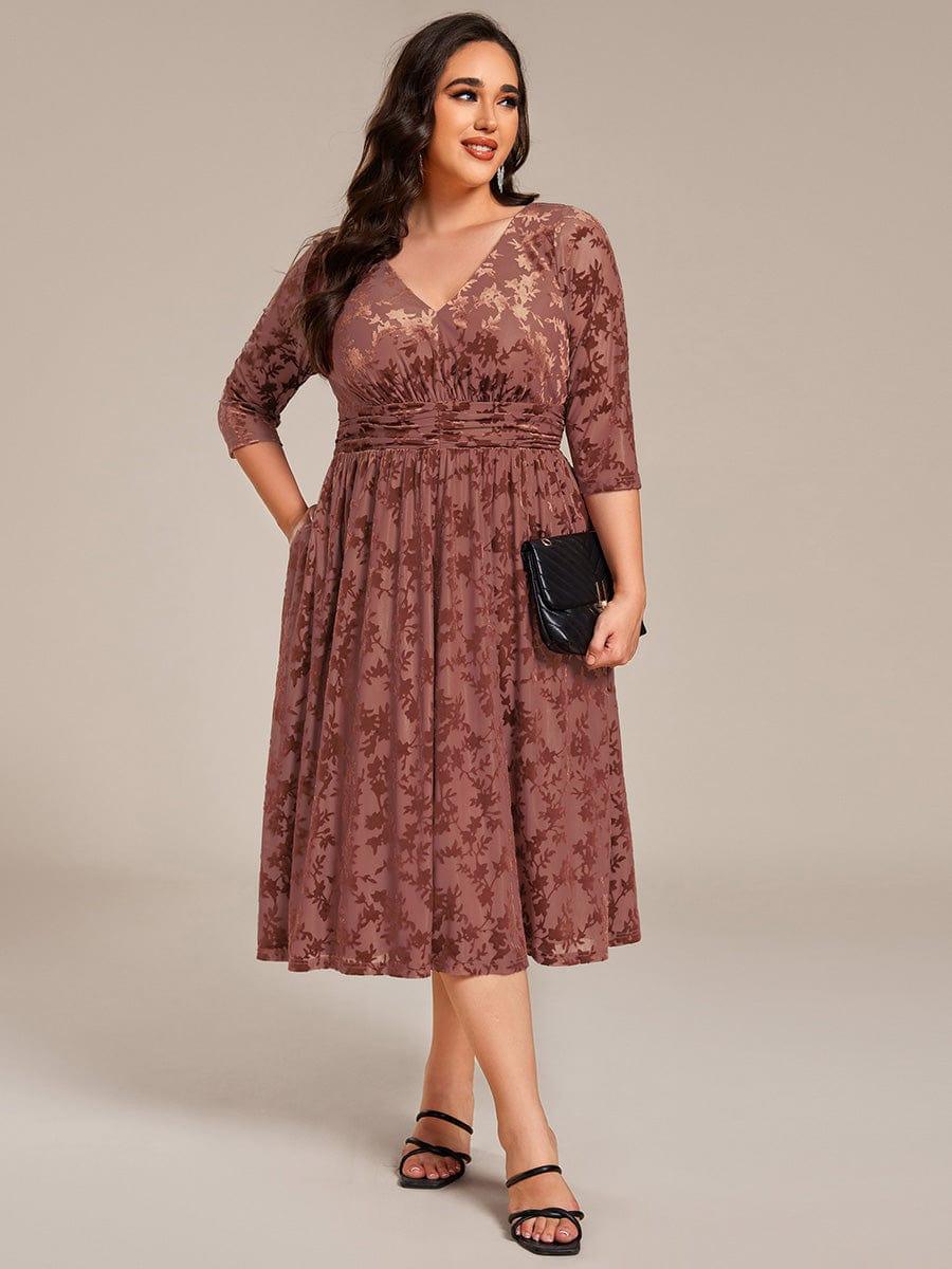 EG02284BN-PR4 Plus Size 3/4 Sleeve Floral Velvet Wedding Guest Dress with Pockets - Image 4