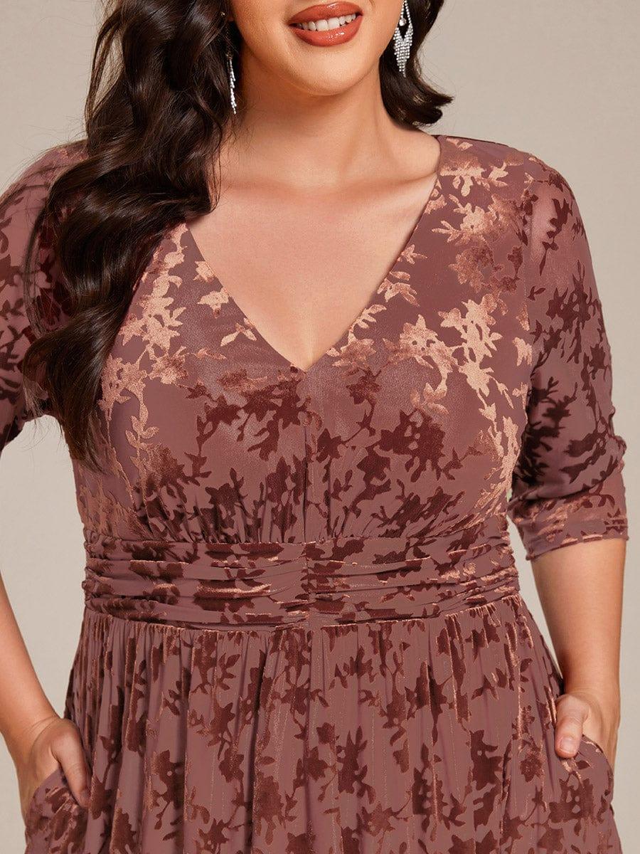 EG02284BN-PR5_eb04544e-6c0c-42a2-a4c8-77dbcc9a18dd Plus Size 3/4 Sleeve Floral Velvet Wedding Guest Dress with Pockets - Image 3