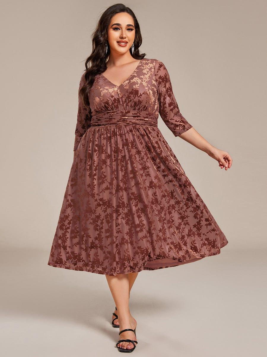 EG02284BN-PR_ade365d8-6fbf-427b-baf0-fcd5010fdc74 Plus Size 3/4 Sleeve Floral Velvet Wedding Guest Dress with Pockets - Image 1