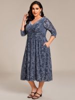 Plus Size 3/4 Sleeve Floral Velvet Wedding Guest Dress with Pockets - Image 11