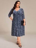Plus Size 3/4 Sleeve Floral Velvet Wedding Guest Dress with Pockets - Image 14