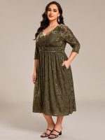 Plus Size 3/4 Sleeve Floral Velvet Wedding Guest Dress with Pockets - Image 9