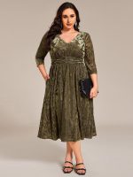 Plus Size 3/4 Sleeve Floral Velvet Wedding Guest Dress with Pockets - Image 6
