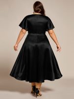 Plus Size Satin Midi Wedding Guest Dress with Pockets - Image 2