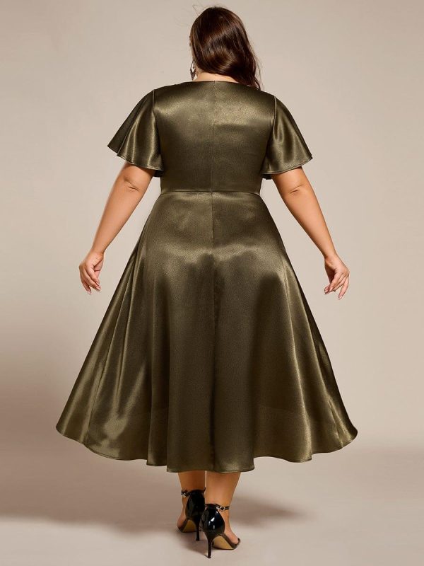 Plus Size Satin Midi Wedding Guest Dress with Pockets - Image 4