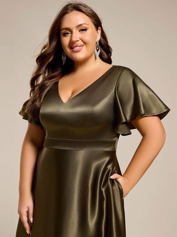 Plus Size Satin Midi Wedding Guest Dress with Pockets - Image 5