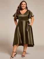 Plus Size Satin Midi Wedding Guest Dress with Pockets - Image 3