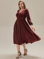Plus Size Glitter long Sleeve Midi Dress With Pocket - Image 3