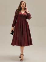Plus Size Glitter long Sleeve Midi Dress With Pocket - Image 4