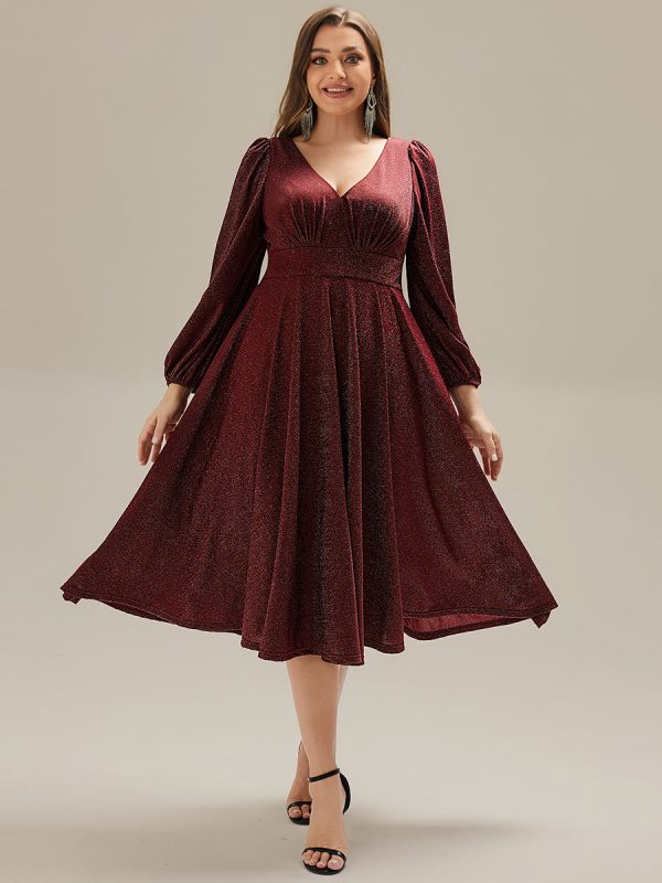 Plus Size Glitter long Sleeve Midi Dress With Pocket - Image 1