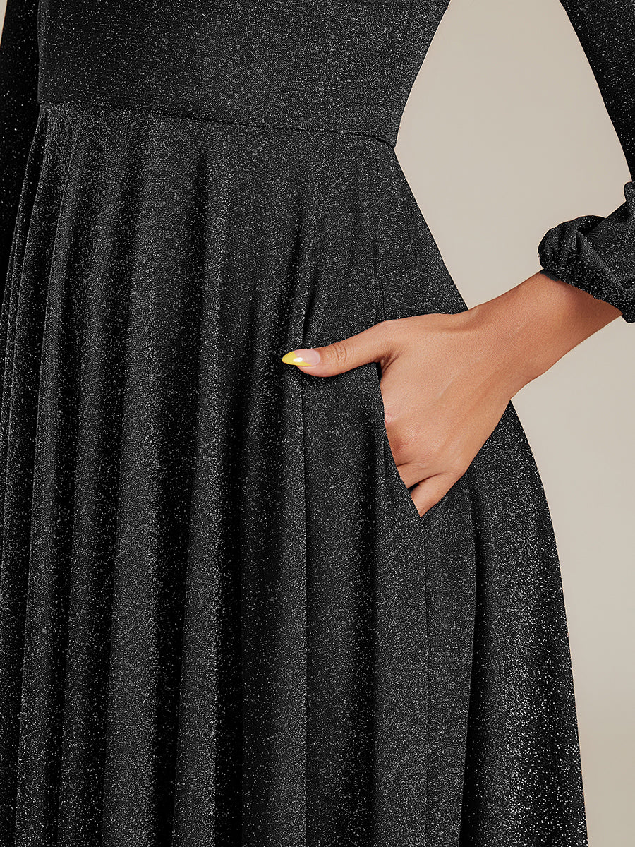 EG02523BK-PR5 Plus Size Glitter long Sleeve Midi Dress With Pocket - Image 10