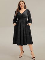 Plus Size Glitter long Sleeve Midi Dress With Pocket - Image 7