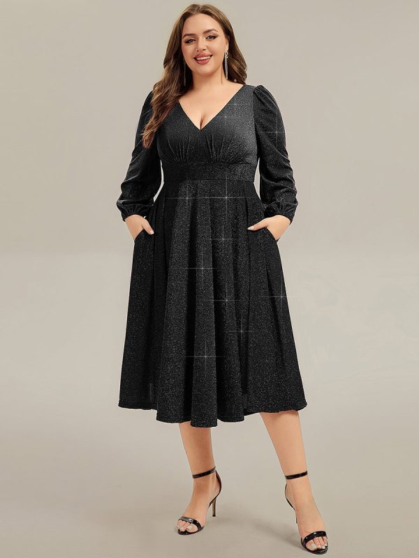Plus Size Glitter long Sleeve Midi Dress With Pocket - Image 7