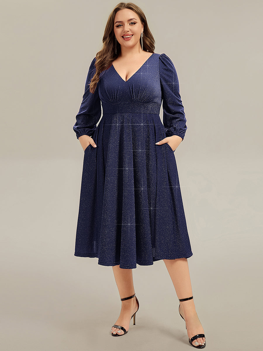 EG02523NB-PR Plus Size Glitter long Sleeve Midi Dress With Pocket - Image 12