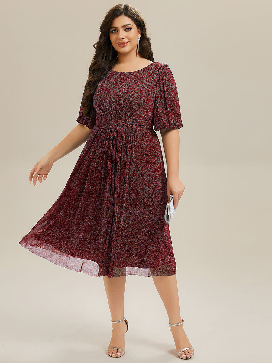 EG02561BD-PR Shimmery Lantern Sleeve A-Line Wedding Guest Dress - Image 16