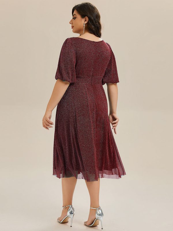 Shimmery Lantern Sleeve A-Line Wedding Guest Dress - Image 17