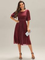 Shimmery Lantern Sleeve A-Line Wedding Guest Dress - Image 11