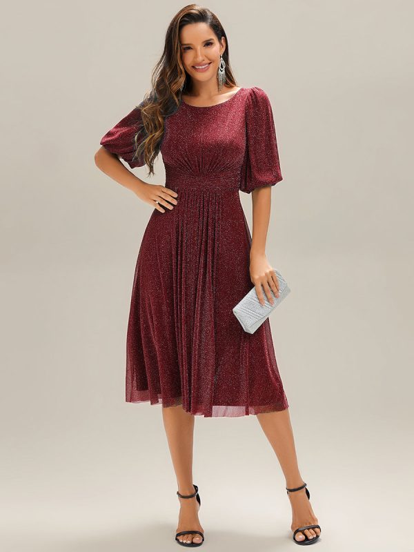 Shimmery Lantern Sleeve A-Line Wedding Guest Dress - Image 11