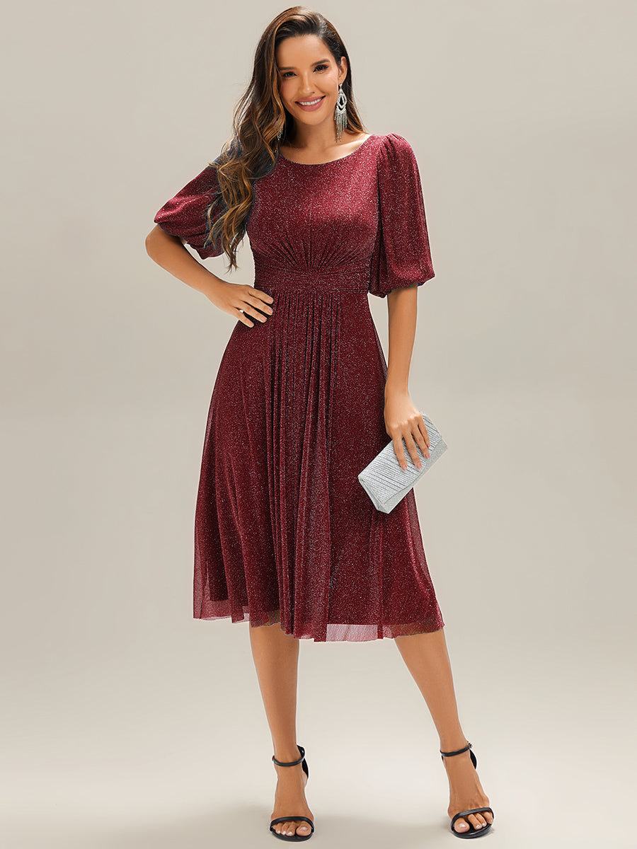 EG02561BD-R Shimmery Lantern Sleeve A-Line Wedding Guest Dress - Image 11