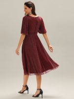 Shimmery Lantern Sleeve A-Line Wedding Guest Dress - Image 12