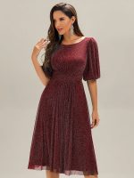 Shimmery Lantern Sleeve A-Line Wedding Guest Dress - Image 14
