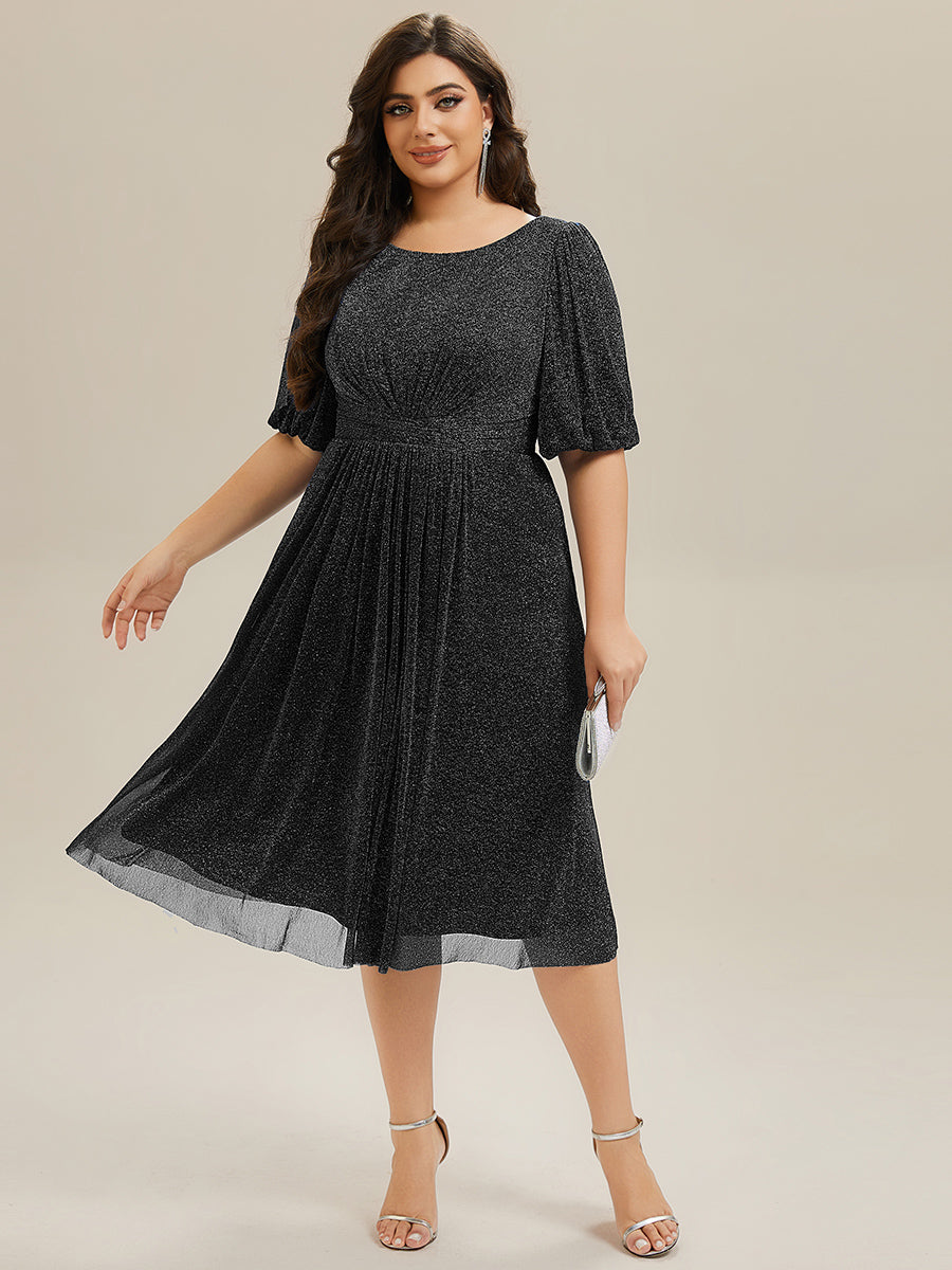 EG02561BK-PR Shimmery Lantern Sleeve A-Line Wedding Guest Dress - Image 7
