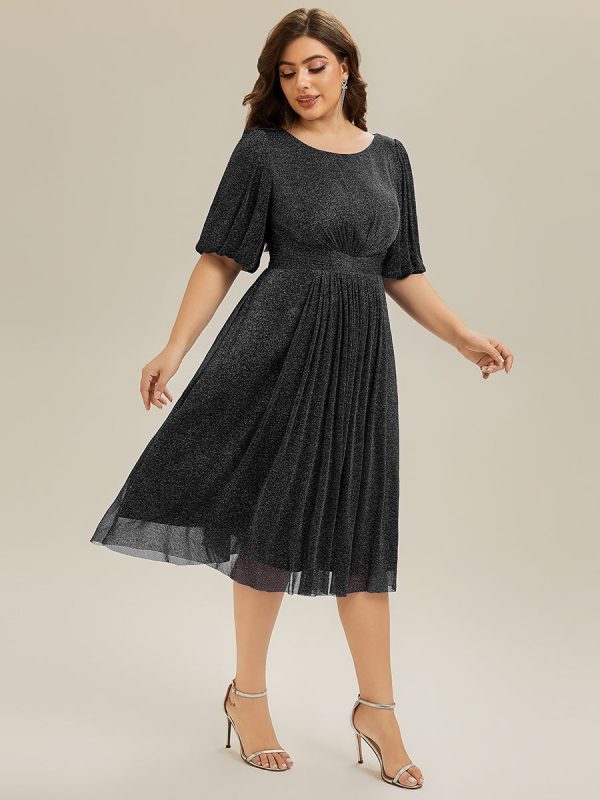 Shimmery Lantern Sleeve A-Line Wedding Guest Dress - Image 3