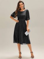 Shimmery Lantern Sleeve A-Line Wedding Guest Dress