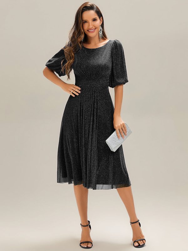 Shimmery Lantern Sleeve A-Line Wedding Guest Dress - Image 1