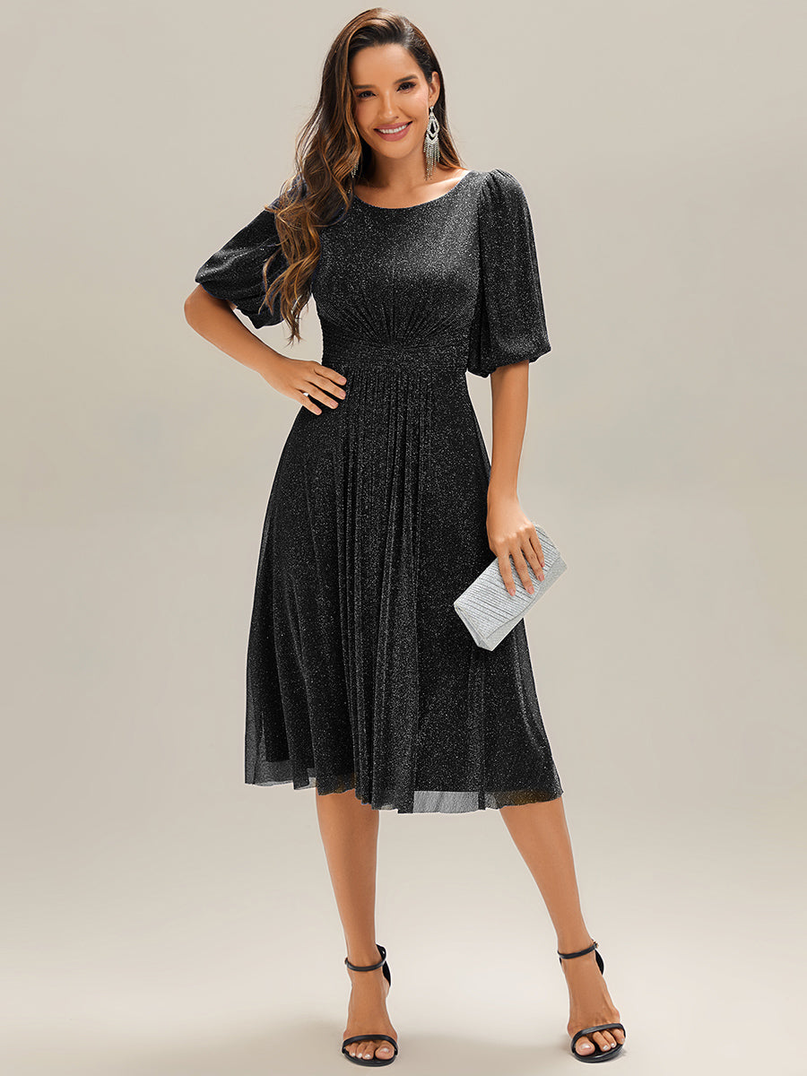 EG02561BK-R Shimmery Lantern Sleeve A-Line Wedding Guest Dress - Image 1