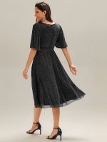 Shimmery Lantern Sleeve A-Line Wedding Guest Dress - Image 2