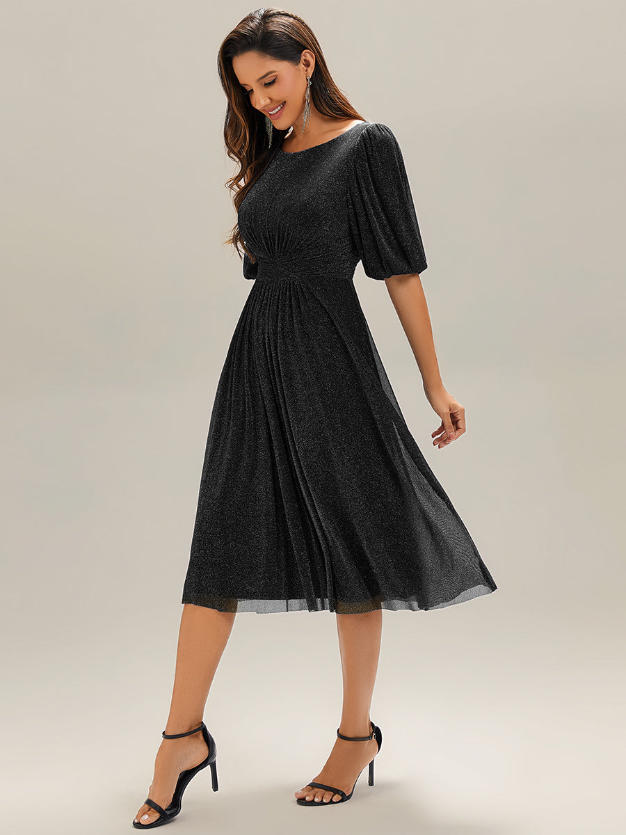EG02561BK-R3 Shimmery Lantern Sleeve A-Line Wedding Guest Dress - Image 5